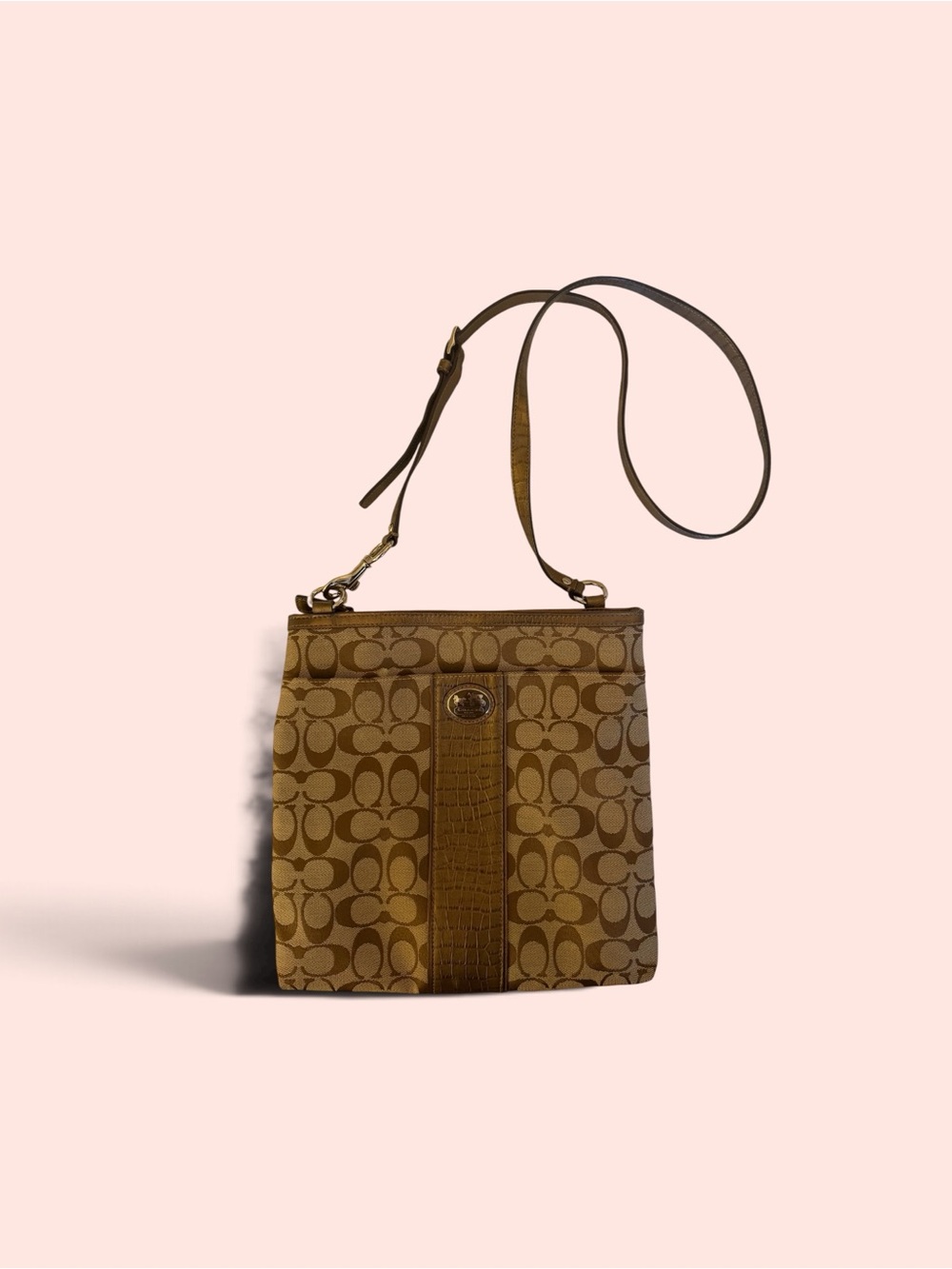 2000s Coach Brown Signature Jacquard Crossbody with Leather Trim